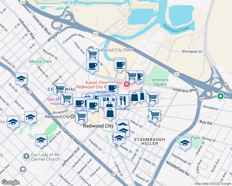 map of restaurants, bars, coffee shops, grocery stores, and more near 825 Marshall Street in Redwood City