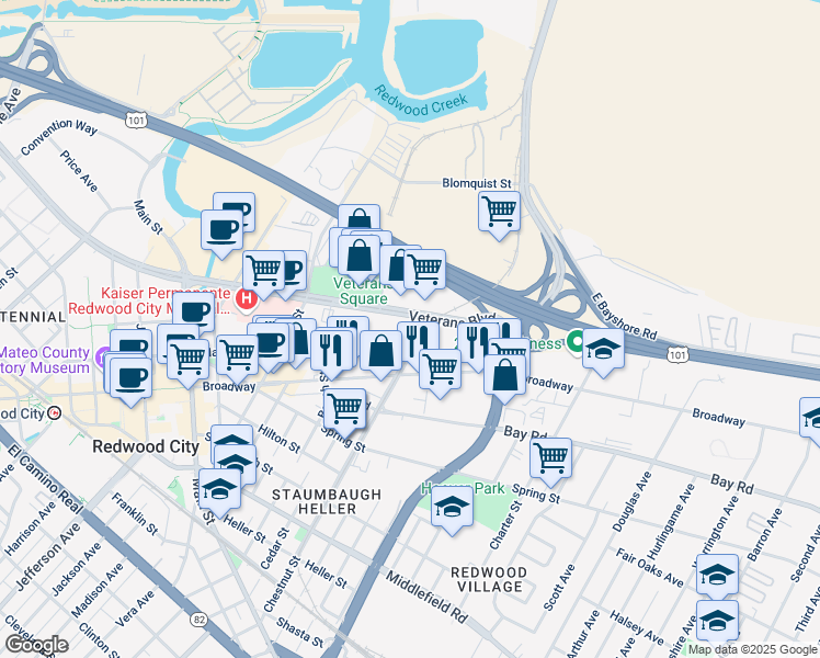 map of restaurants, bars, coffee shops, grocery stores, and more near 1575 Marshall Street in Redwood City
