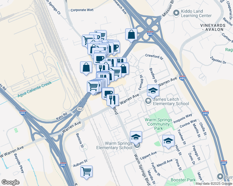 map of restaurants, bars, coffee shops, grocery stores, and more near 78 Shaniko Common in Fremont