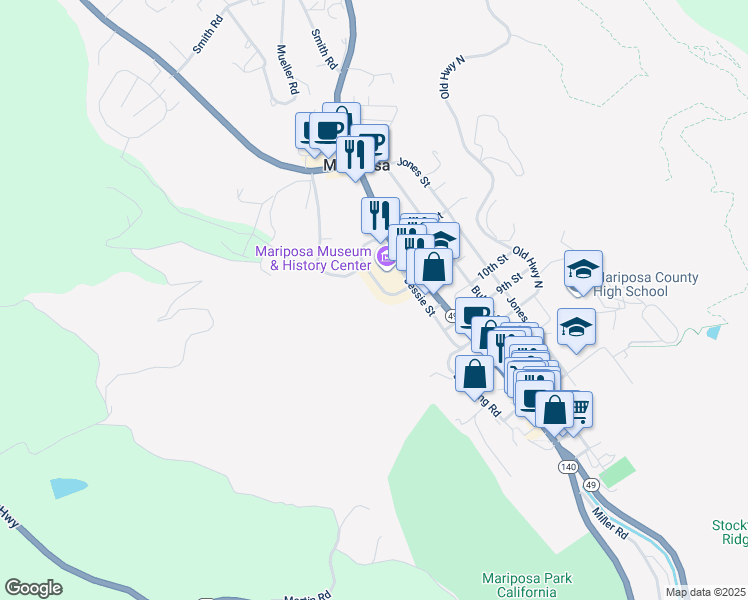map of restaurants, bars, coffee shops, grocery stores, and more near 5034 Coakley Circle in Mariposa