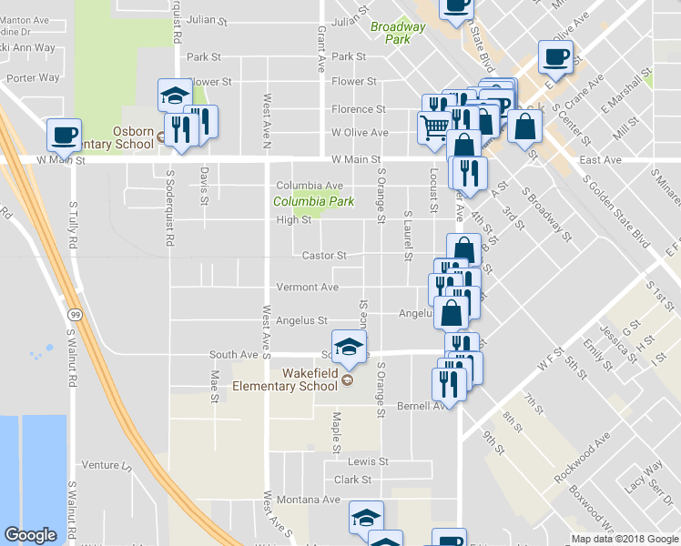 map of restaurants, bars, coffee shops, grocery stores, and more near 560 Sunnyside Drive in Turlock