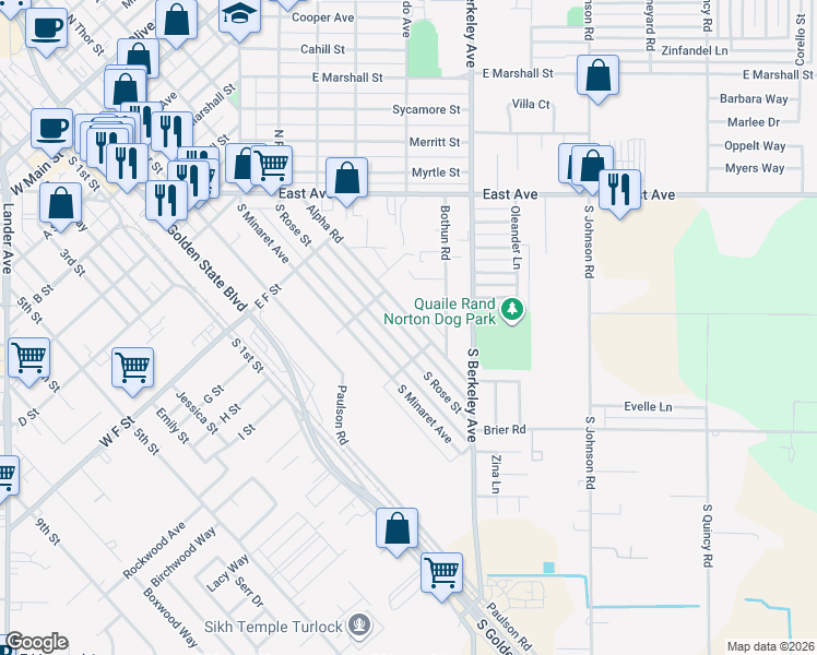map of restaurants, bars, coffee shops, grocery stores, and more near 1070 Alpha Road in Turlock