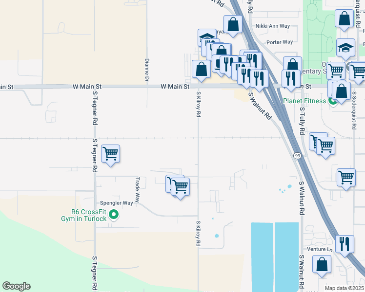 map of restaurants, bars, coffee shops, grocery stores, and more near 525 South Kilroy Road in Turlock