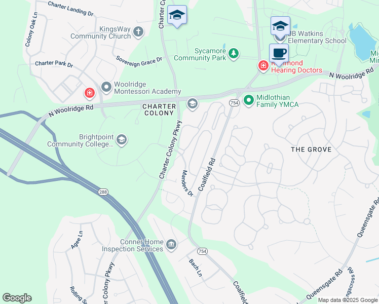 map of restaurants, bars, coffee shops, grocery stores, and more near 532 Abbey Village Circle in Midlothian