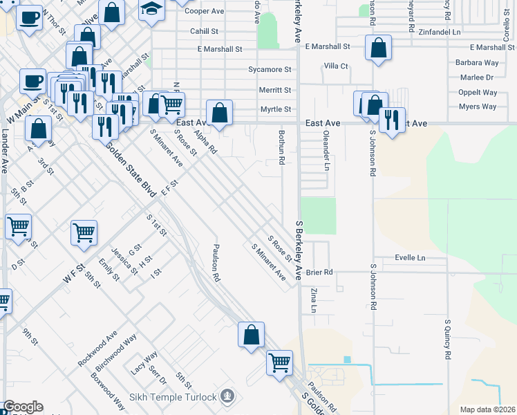 map of restaurants, bars, coffee shops, grocery stores, and more near 1070 Alpha Road in Turlock