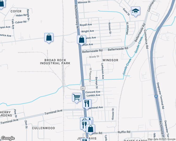 map of restaurants, bars, coffee shops, grocery stores, and more near 2415 Columbia Street in Richmond
