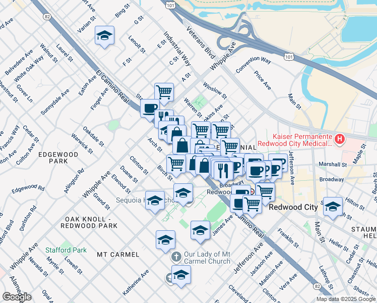 map of restaurants, bars, coffee shops, grocery stores, and more near 2 Lisbon Lane in Redwood City