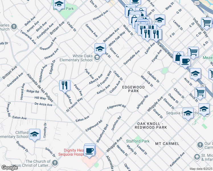 map of restaurants, bars, coffee shops, grocery stores, and more near 148 Colton Avenue in San Carlos