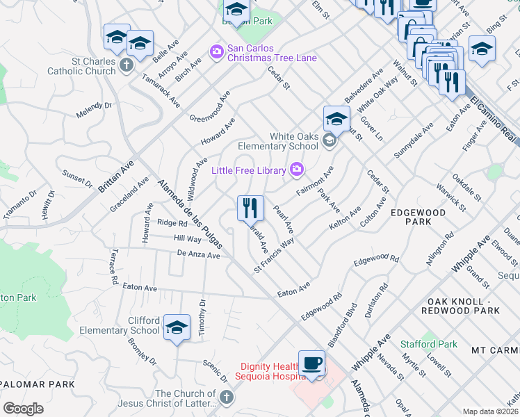 map of restaurants, bars, coffee shops, grocery stores, and more near 143 Ruby Avenue in San Carlos