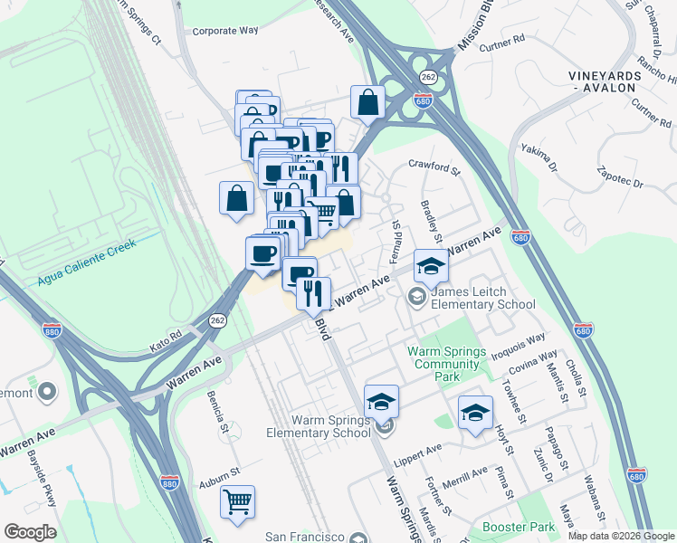 map of restaurants, bars, coffee shops, grocery stores, and more near 179 Wenatchee Common in Fremont