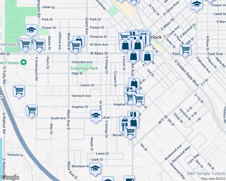 map of restaurants, bars, coffee shops, grocery stores, and more near 421 South Laurel Street in Turlock