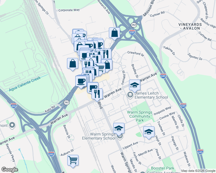 map of restaurants, bars, coffee shops, grocery stores, and more near 181 Shaniko Common in Fremont