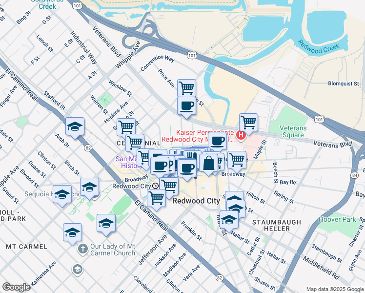 map of restaurants, bars, coffee shops, grocery stores, and more near Bradford Street in Redwood City