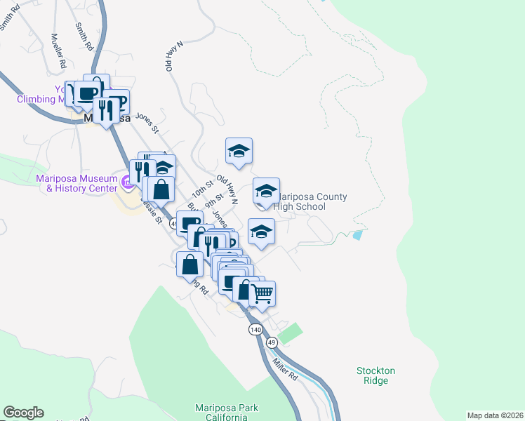 map of restaurants, bars, coffee shops, grocery stores, and more near 5074 Old Highway North in Mariposa