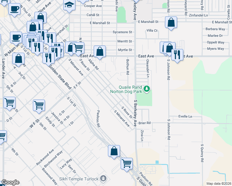 map of restaurants, bars, coffee shops, grocery stores, and more near 1020 South Rose Street in Turlock