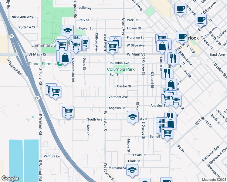 map of restaurants, bars, coffee shops, grocery stores, and more near 652 Vermont Avenue in Turlock