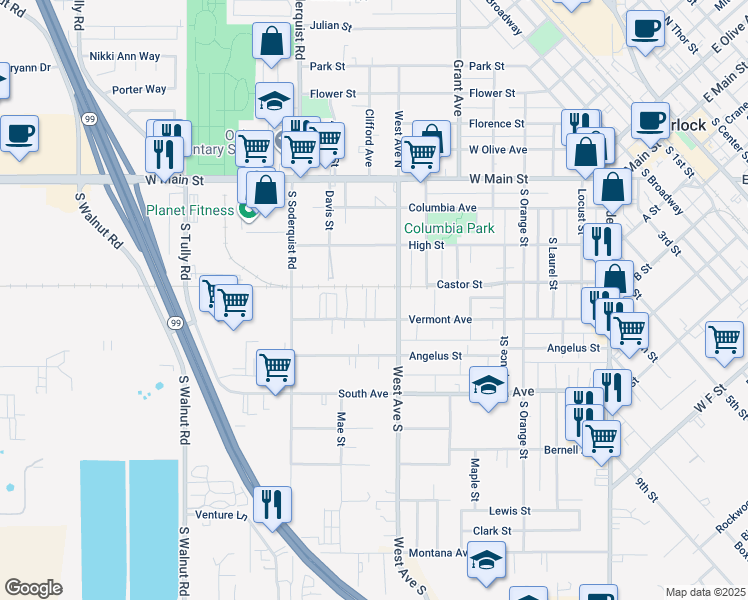 map of restaurants, bars, coffee shops, grocery stores, and more near 897 Vermont Avenue in Turlock