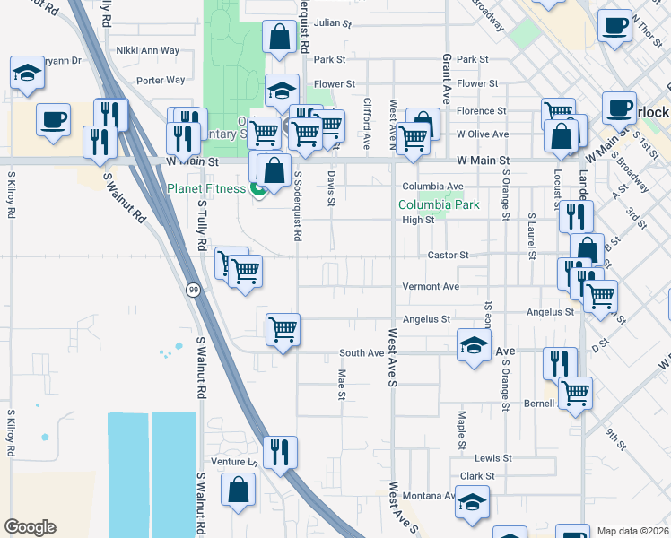 map of restaurants, bars, coffee shops, grocery stores, and more near 1061 Vermont Avenue in Turlock