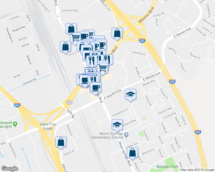 map of restaurants, bars, coffee shops, grocery stores, and more near 46928 Shale Common in Fremont