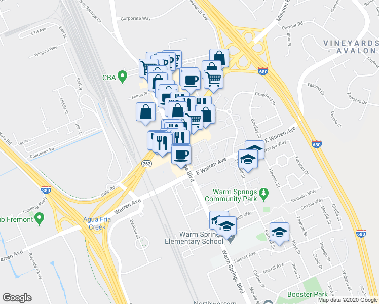 map of restaurants, bars, coffee shops, grocery stores, and more near 46928 Shale Common in Fremont