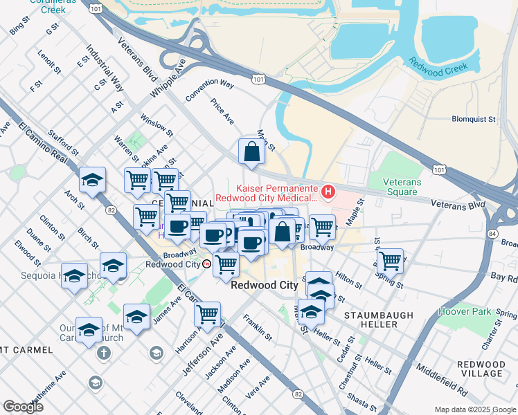 map of restaurants, bars, coffee shops, grocery stores, and more near 627 Middlefield Road in Redwood City