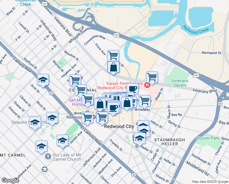 map of restaurants, bars, coffee shops, grocery stores, and more near 627 Middlefield Road in Redwood City