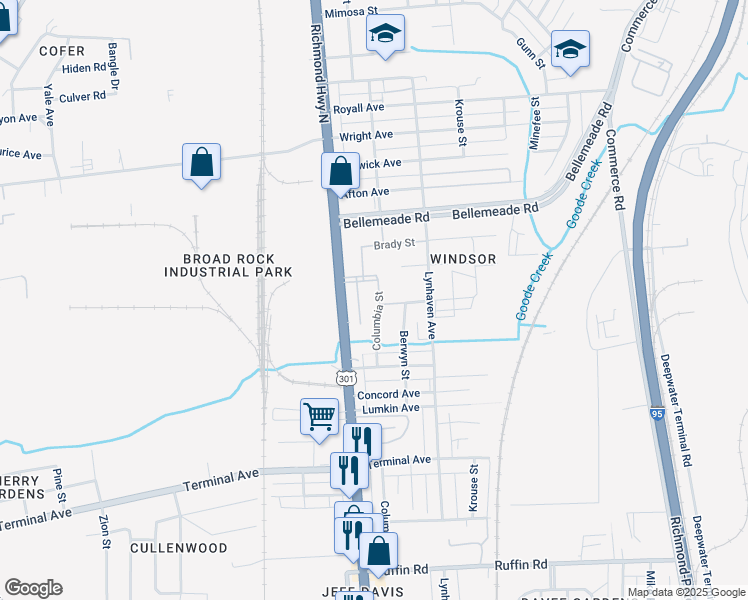map of restaurants, bars, coffee shops, grocery stores, and more near 2415 Columbia Street in Richmond