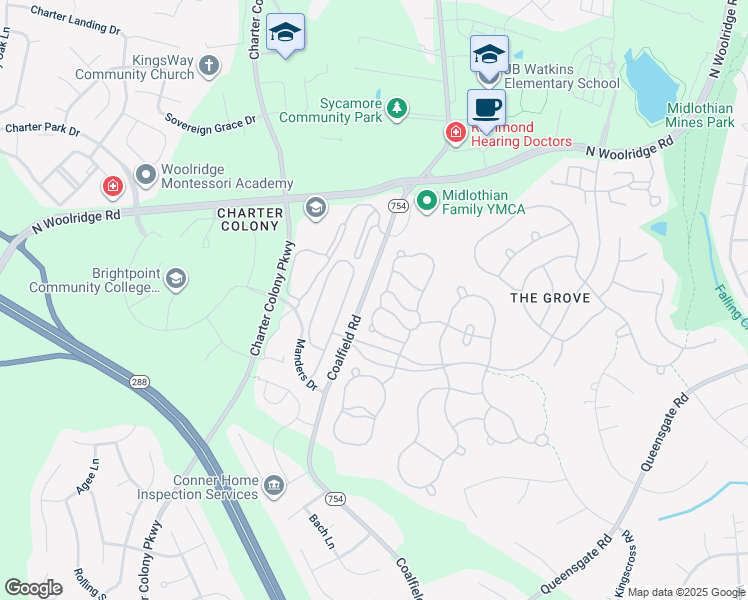 map of restaurants, bars, coffee shops, grocery stores, and more near 818 Krim Point Loop in Midlothian