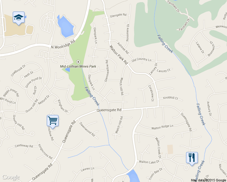 map of restaurants, bars, coffee shops, grocery stores, and more near 13004 Fennimore Terrace in Midlothian