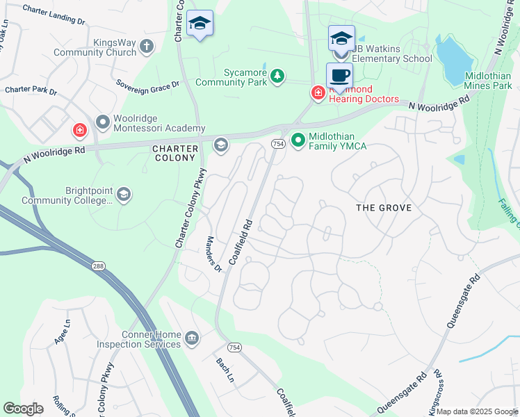 map of restaurants, bars, coffee shops, grocery stores, and more near 818 Krim Point Loop in Midlothian