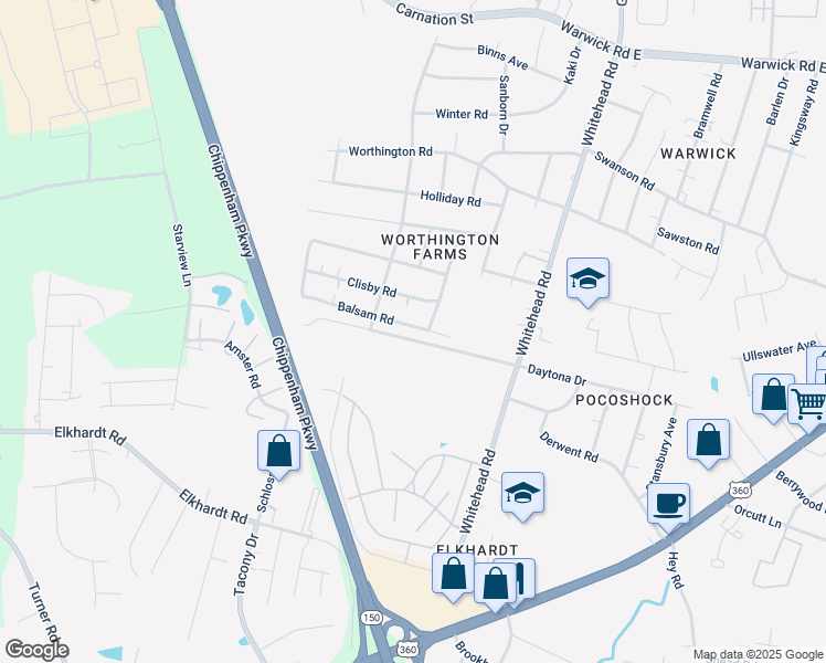 map of restaurants, bars, coffee shops, grocery stores, and more near 6413 Balsam Road in Richmond