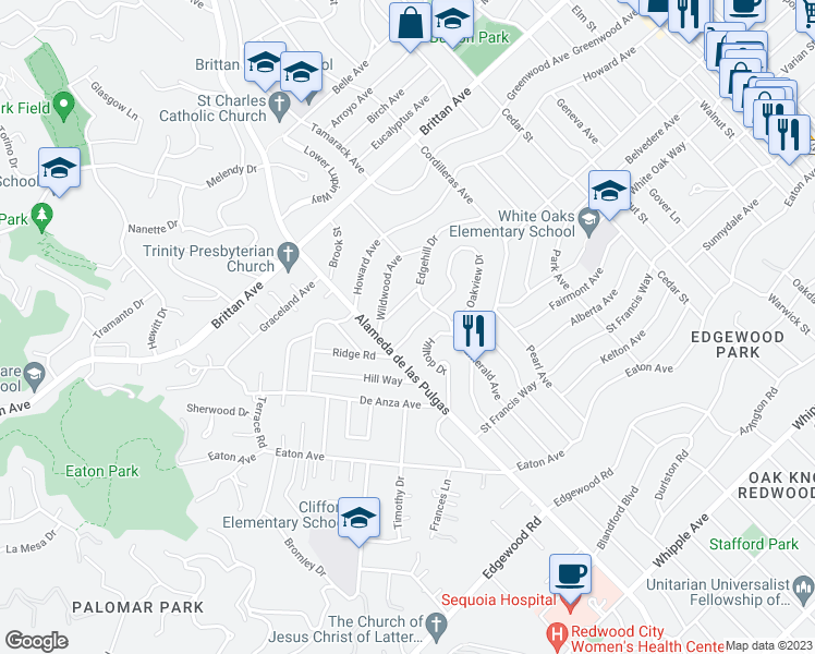 map of restaurants, bars, coffee shops, grocery stores, and more near 131 Oakview Drive in San Carlos