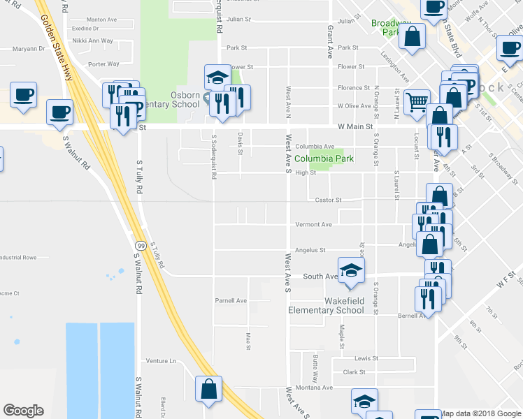 map of restaurants, bars, coffee shops, grocery stores, and more near 935 Vermont Avenue in Turlock