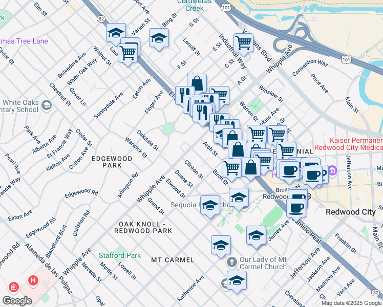 map of restaurants, bars, coffee shops, grocery stores, and more near 43 Clinton Street in Redwood City