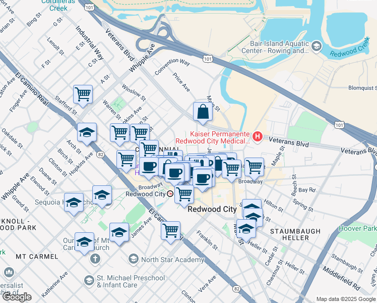 map of restaurants, bars, coffee shops, grocery stores, and more near 555 County Center in Redwood City