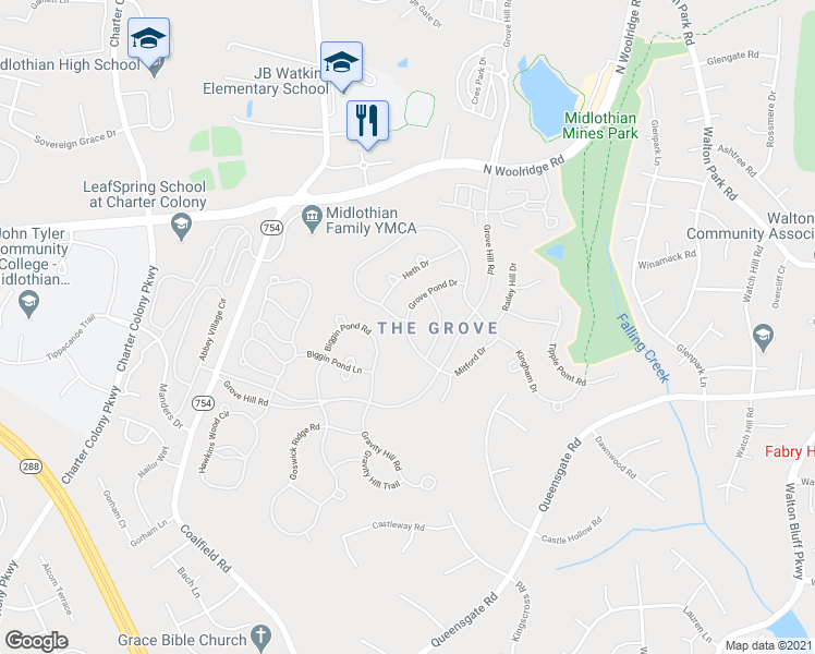 map of restaurants, bars, coffee shops, grocery stores, and more near 13518 Coalbrook Drive in Midlothian