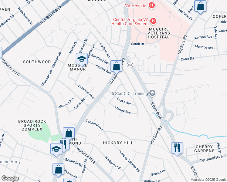 map of restaurants, bars, coffee shops, grocery stores, and more near 2030 Orlando Road in Richmond