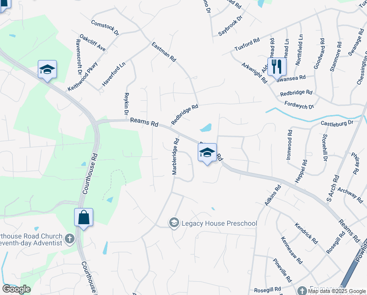 map of restaurants, bars, coffee shops, grocery stores, and more near 211 Brickland Road in Chesterfield County