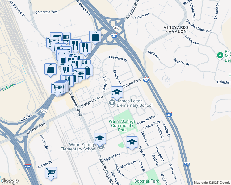 map of restaurants, bars, coffee shops, grocery stores, and more near 47100 Fernald Street in Fremont
