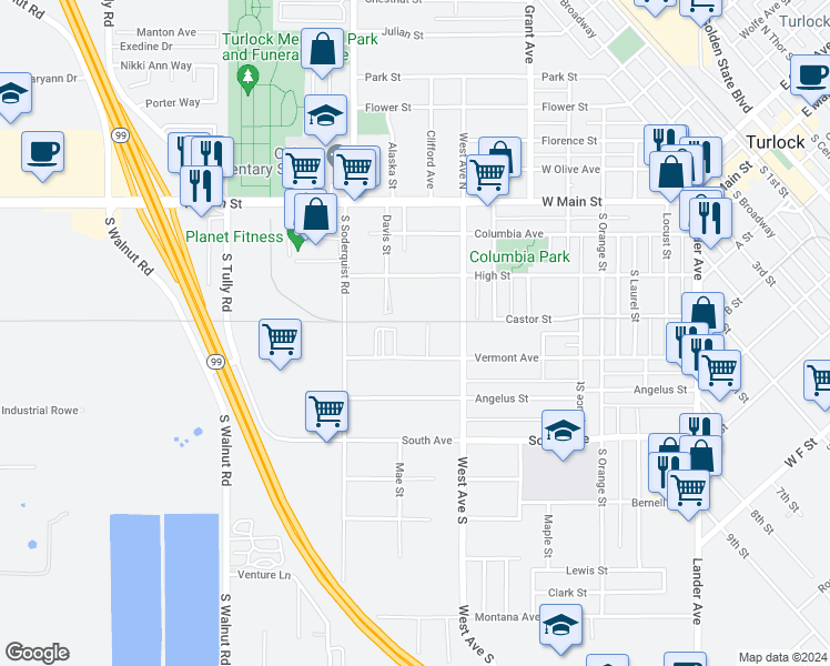 map of restaurants, bars, coffee shops, grocery stores, and more near 943 Vermont Avenue in Turlock