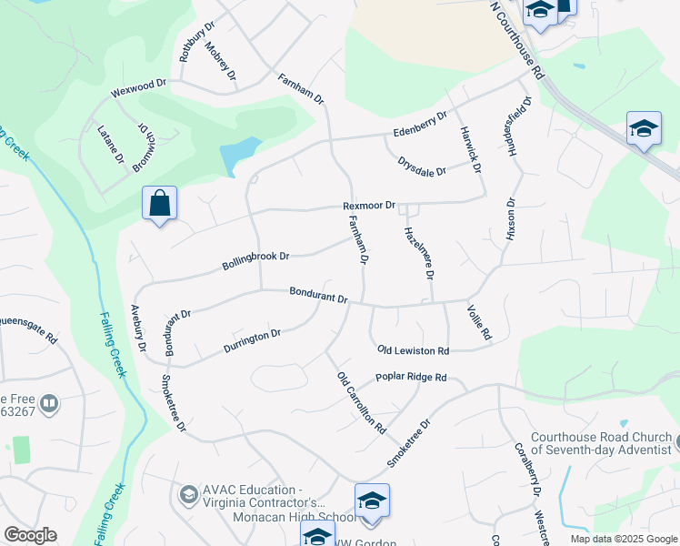map of restaurants, bars, coffee shops, grocery stores, and more near 11601 Durrington Drive in Chesterfield County