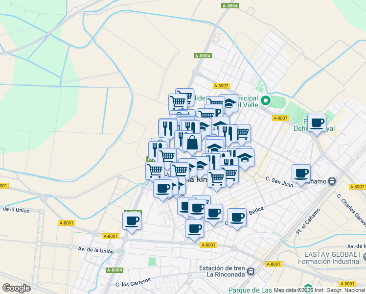 map of restaurants, bars, coffee shops, grocery stores, and more near 49 Calle Rosalía de Castro in San José de la Rinconada