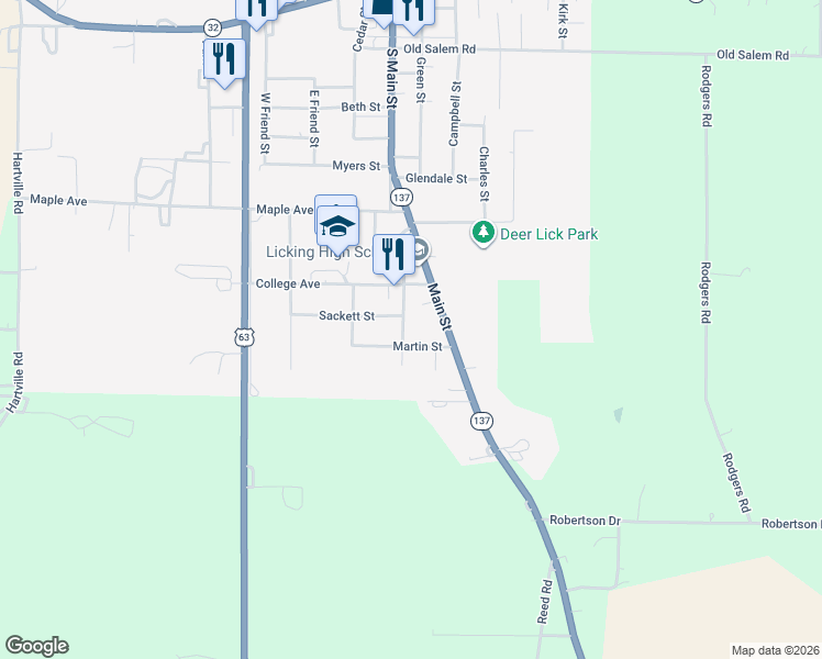 map of restaurants, bars, coffee shops, grocery stores, and more near 901 School Street in Licking