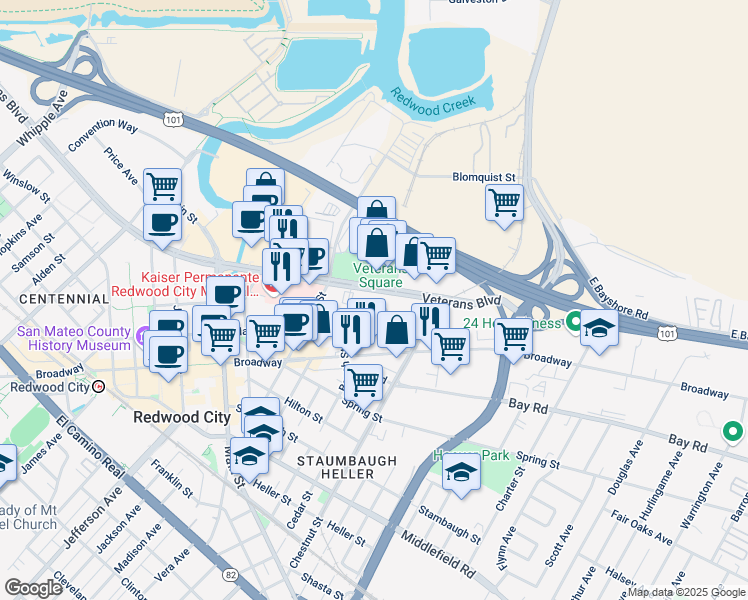 map of restaurants, bars, coffee shops, grocery stores, and more near 1279 Veterans Boulevard in Redwood City
