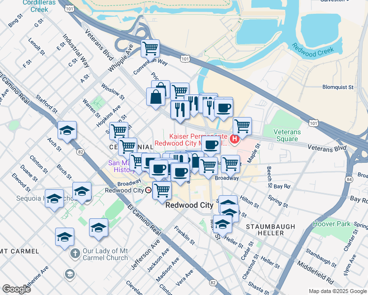 map of restaurants, bars, coffee shops, grocery stores, and more near 525 Middlefield Road in Redwood City