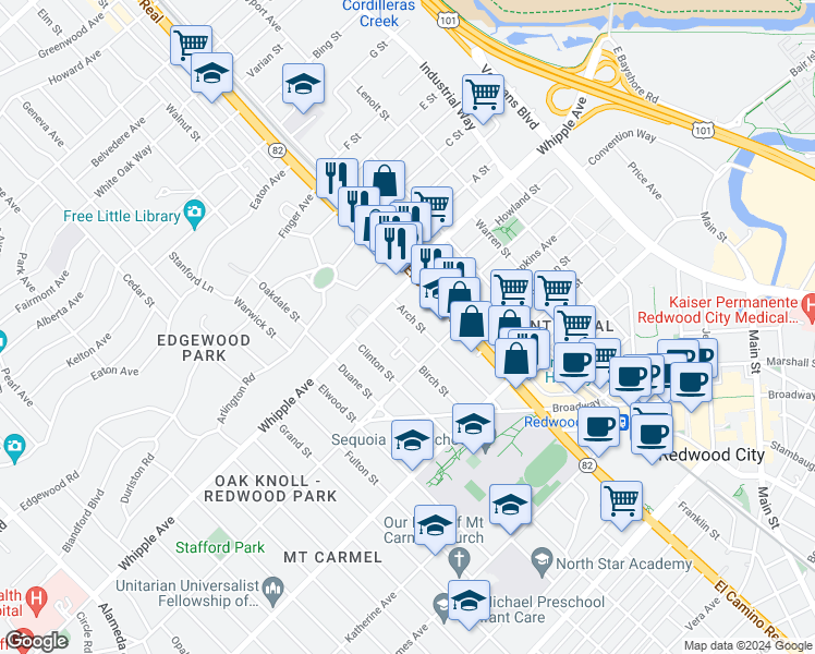 map of restaurants, bars, coffee shops, grocery stores, and more near 530 El Camino Real in Redwood City