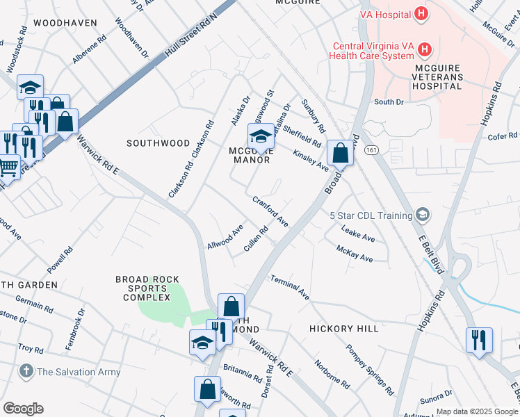 map of restaurants, bars, coffee shops, grocery stores, and more near 4525 Cranford Avenue in Richmond