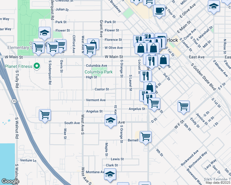 map of restaurants, bars, coffee shops, grocery stores, and more near 426 Spruce Street in Turlock