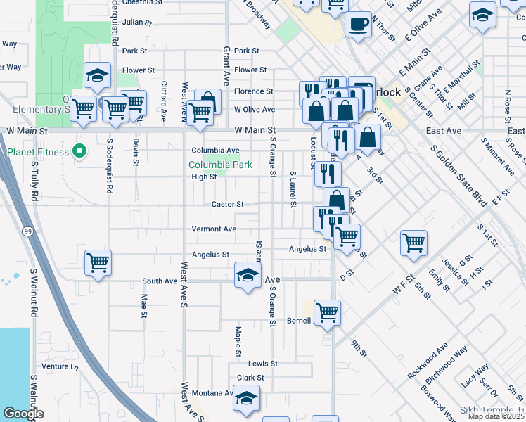 map of restaurants, bars, coffee shops, grocery stores, and more near 410 Spruce Street in Turlock