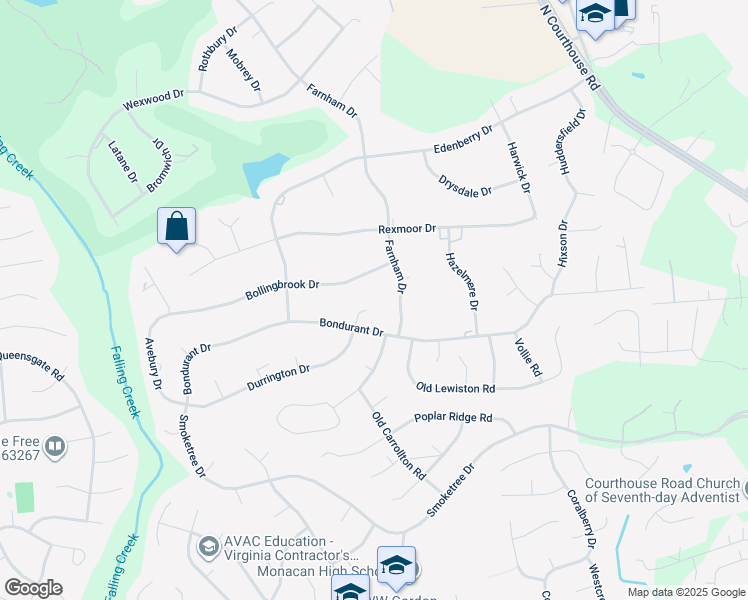 map of restaurants, bars, coffee shops, grocery stores, and more near 11601 Durrington Drive in Chesterfield County